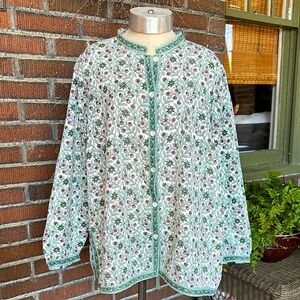 Orvis green/blue/pink/floral/vine block print band collar boho blouse/top. Sz L